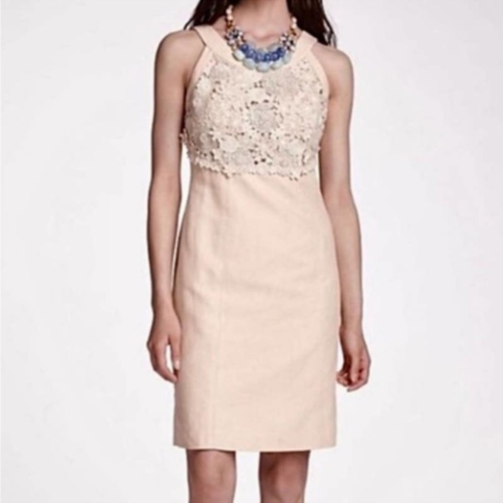 Anthropologie Postage Stamp Oleander crochet Linen Sheath Dress Size 10 Cream - Picture 1 of 14